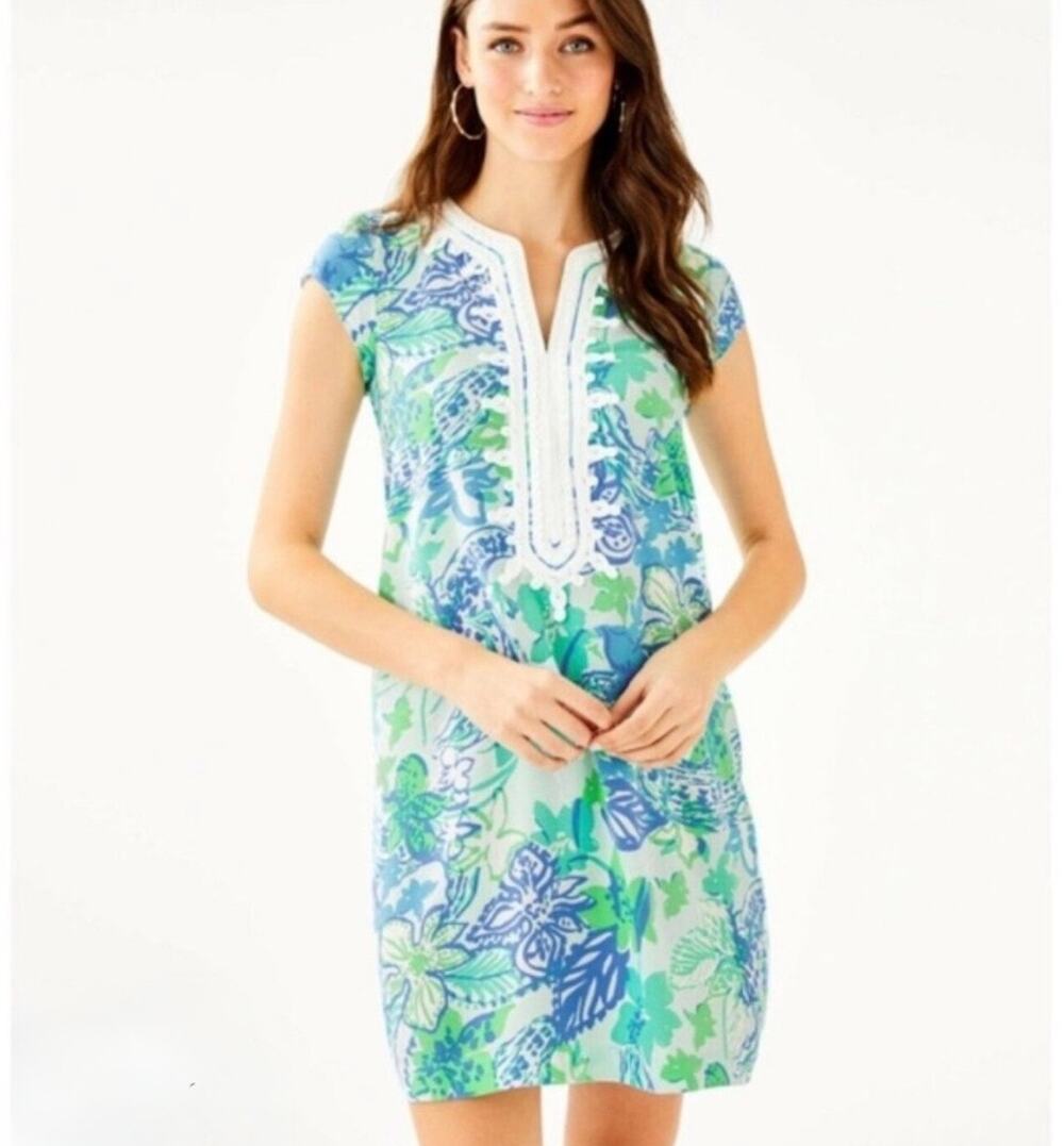 Lilly Pulitzer Women's Blue White Print Madia Tunic Shift Mini Dress Size M